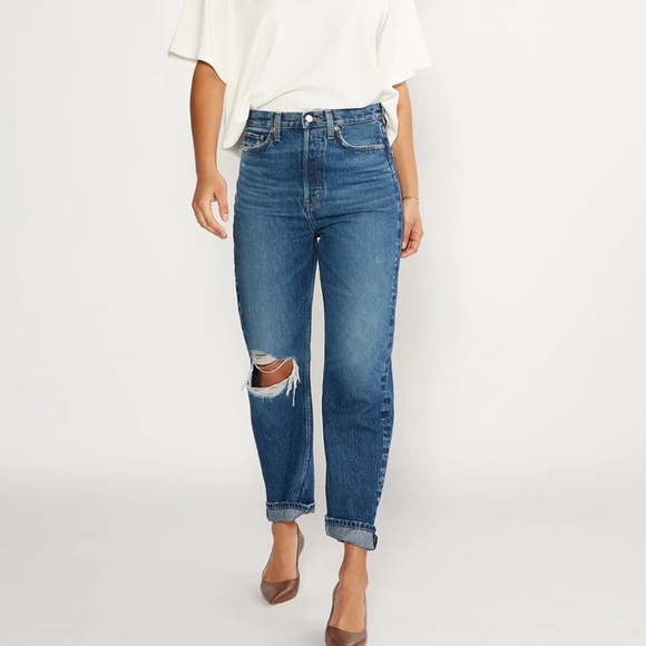 Etica Dark Wash Bryce Pinch Waist Boyfriend Jeans Distressed Knee SZ 25 NWT - Picture 1 of 16